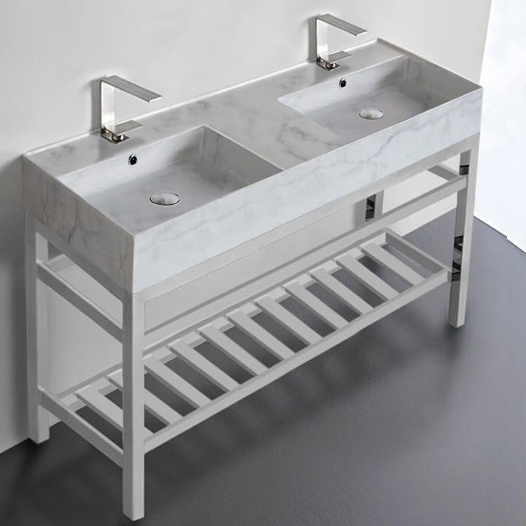 Marble Design Double Ceramic Console Sink and Polished Chrome Base, 48"