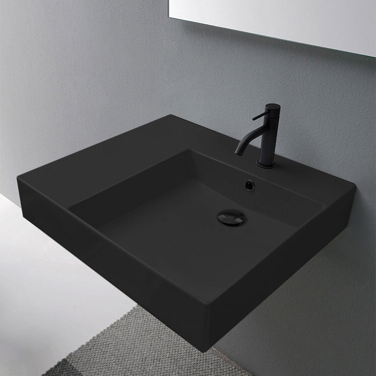Matte Black Ceramic Wall Mounted or Vessel Sink With Counter Space