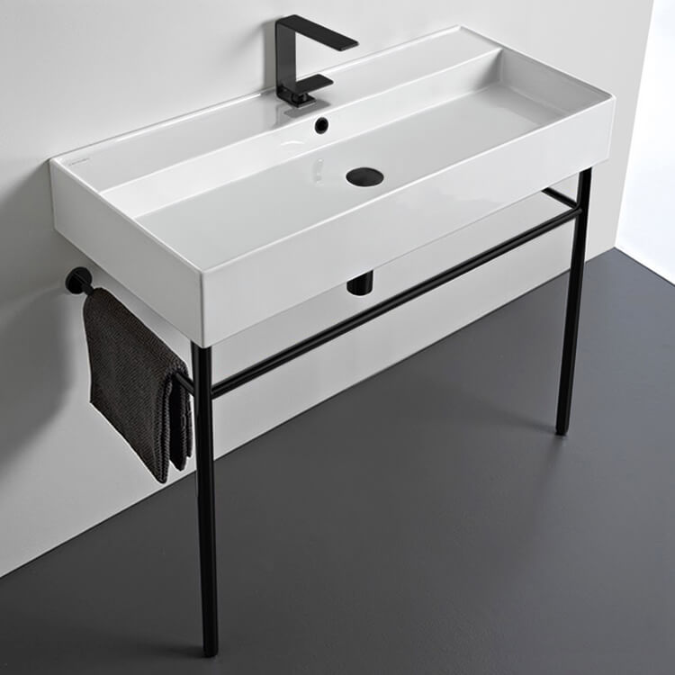 Large Ceramic Console Sink and Matte Black Stand, 40"