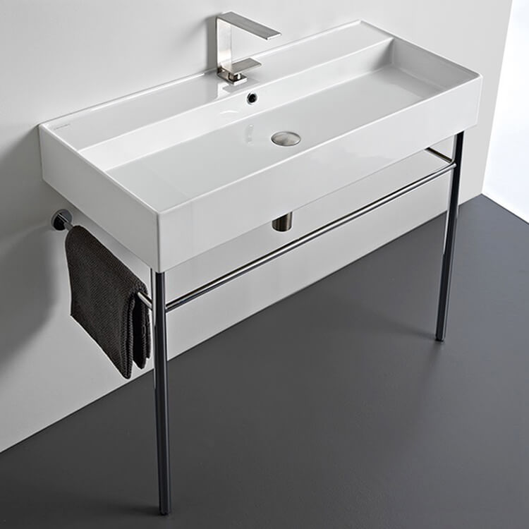 Large Rectangular Ceramic Console Sink and Polished Chrome Stand, 40"