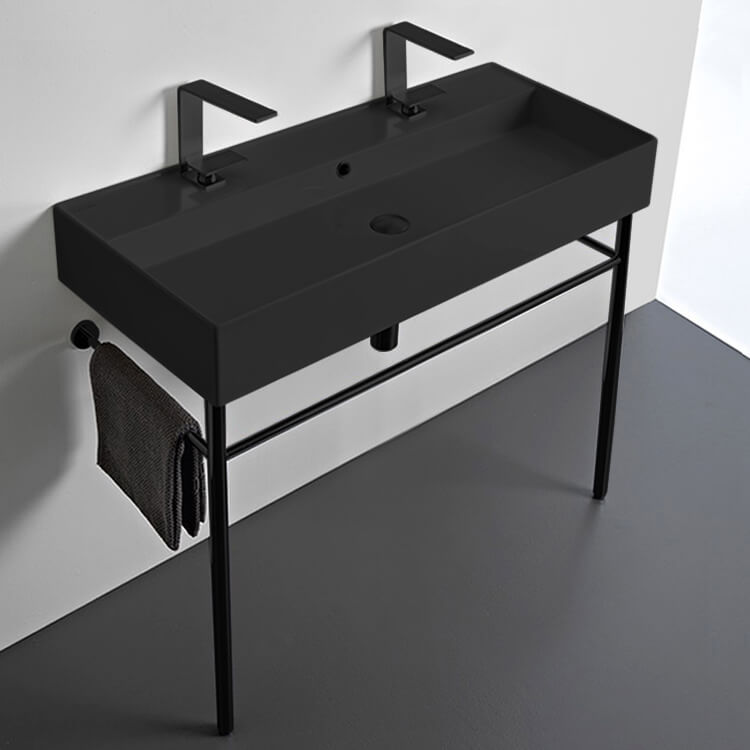 Double Matte Black Ceramic Console Sink and Matte Black Stand, 40"