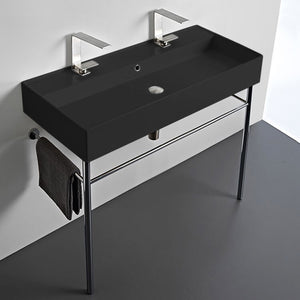 Double Matte Black Ceramic Console Sink and Polished Chrome Stand, 40"