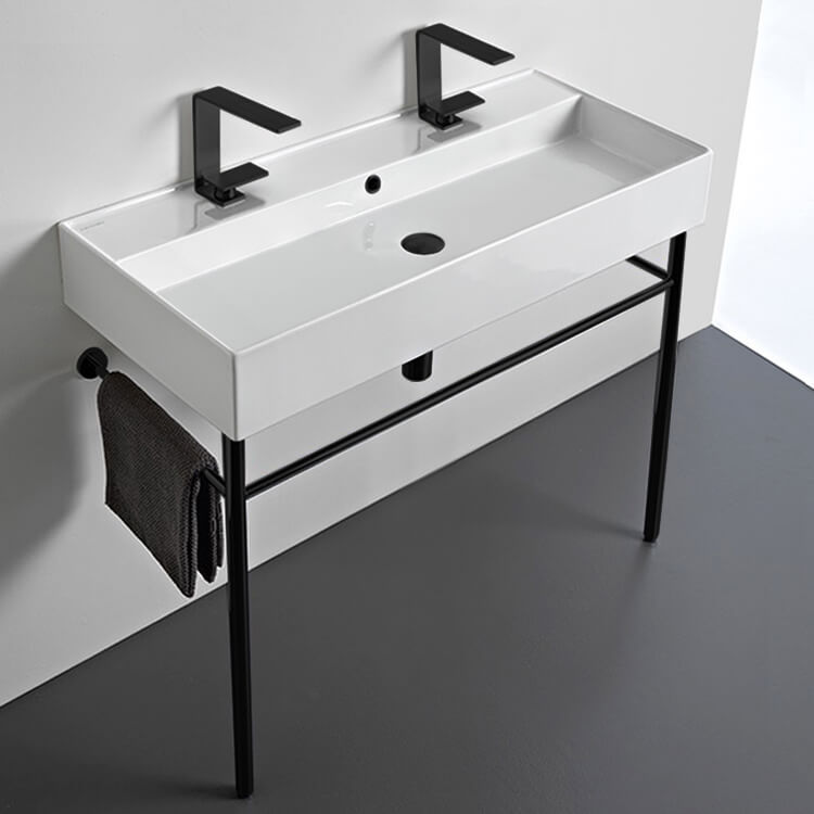 Double Ceramic Console Sink and Matte Black Stand, 40"