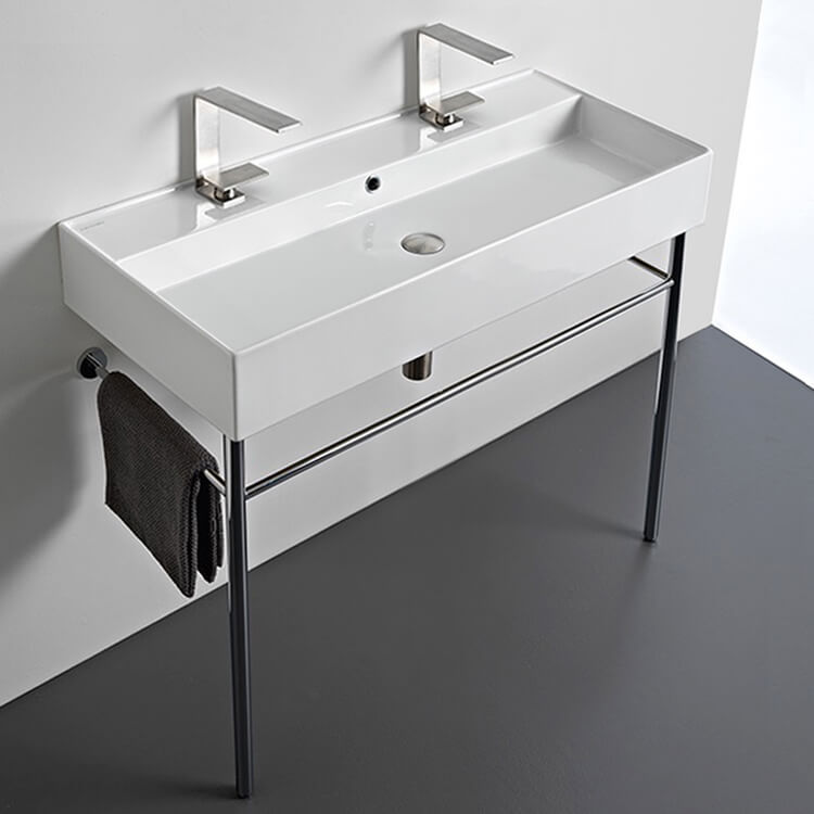 Large Double Ceramic Console Sink and Polished Chrome Stand, 40"