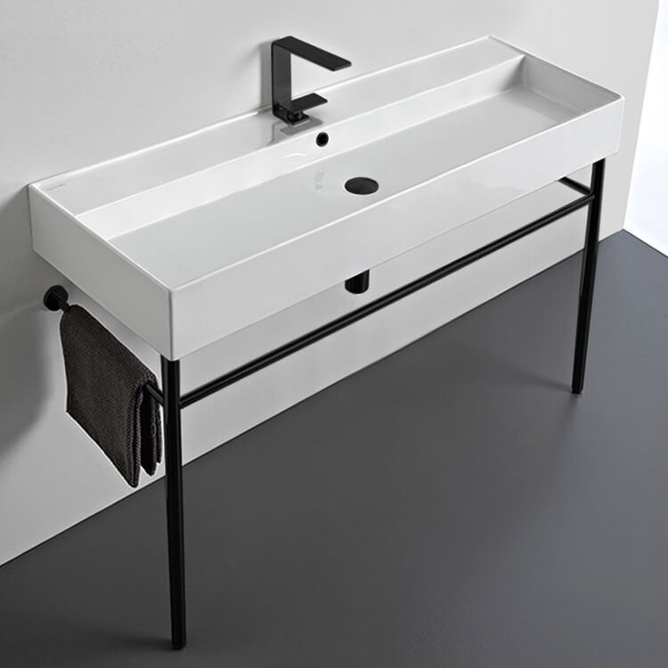 Large Ceramic Console Sink and Matte Black Stand, 48"