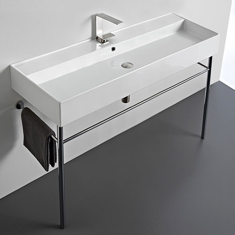 Large Rectangular Ceramic Console Sink and Polished Chrome Stand, 48"