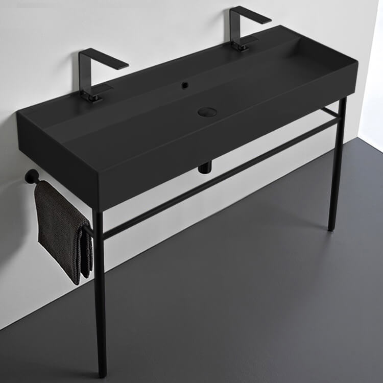 Double Matte Black Ceramic Console Sink and Matte Black Stand, 48"