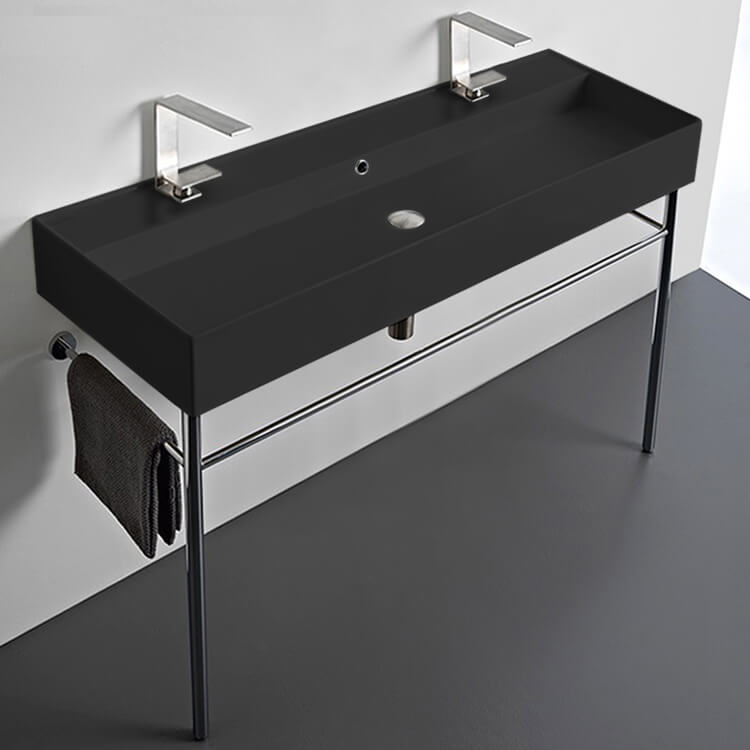 Double Matte Black Ceramic Console Sink and Polished Chrome Stand, 48"