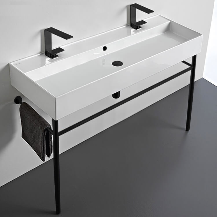 Double Ceramic Console Sink and Matte Black Stand, 48"