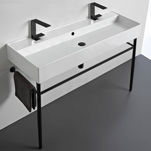 Double Ceramic Console Sink and Matte Black Stand, 48"