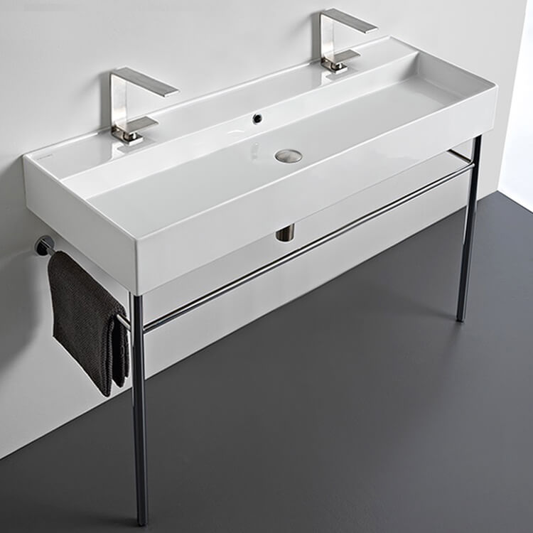 Large Double Ceramic Console Sink and Polished Chrome Stand, 48"