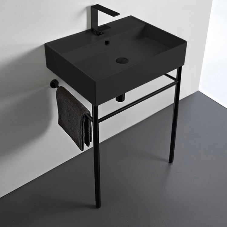 Matte Black Ceramic Console Sink and Matte Black Stand, 24"