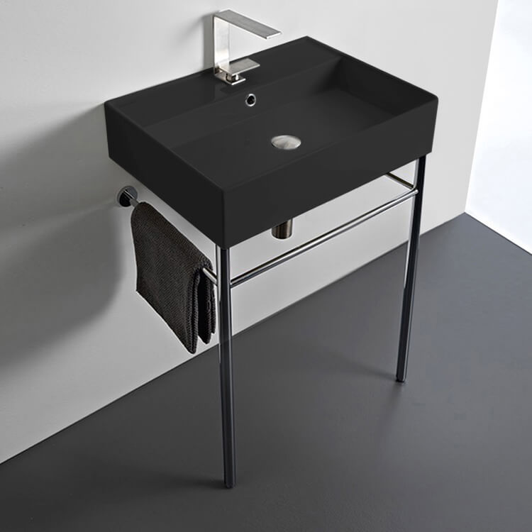 Matte Black Ceramic Console Sink and Polished Chrome Stand, 24"