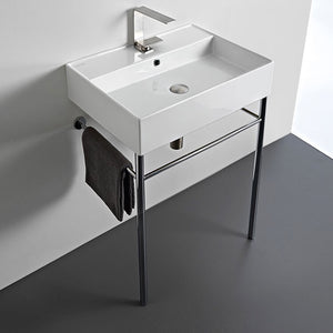 Rectangular Ceramic Console Sink and Polished Chrome Stand, 24"