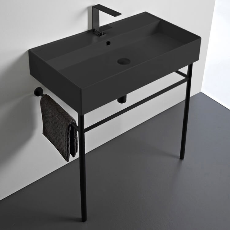 Matte Black Ceramic Console Sink and Matte Black Stand, 32"