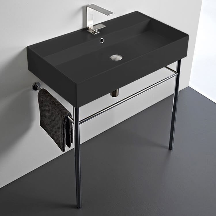 Matte Black Ceramic Console Sink and Polished Chrome Stand, 32"