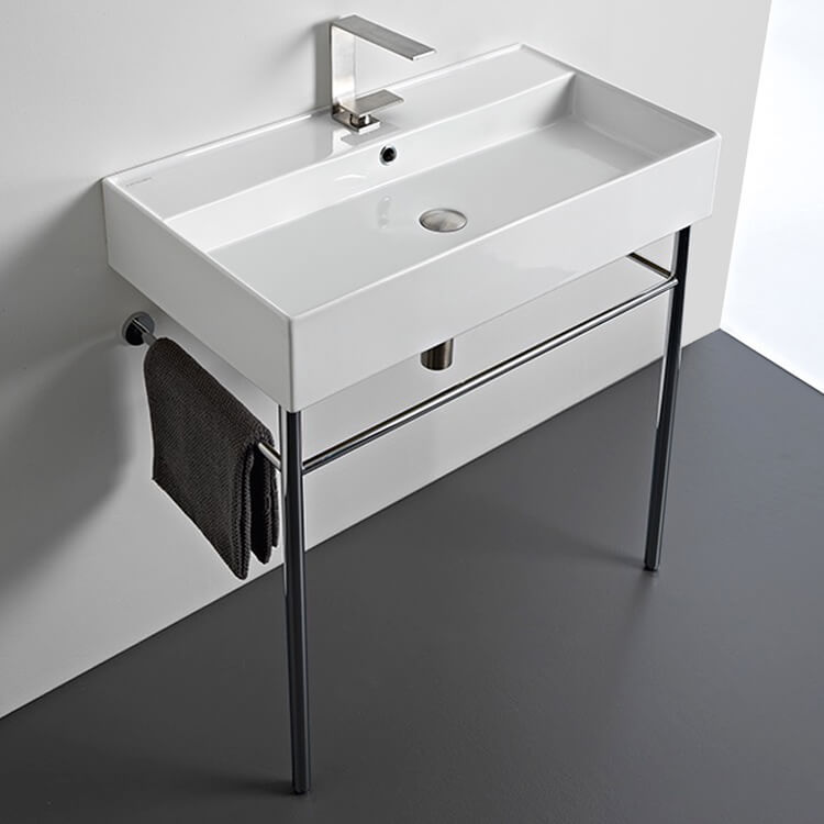 Rectangular Ceramic Console Sink and Polished Chrome Stand, 32"