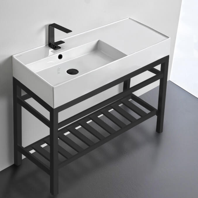 Modern Ceramic Console Sink With Counter Space and Matte Black Base, 40"