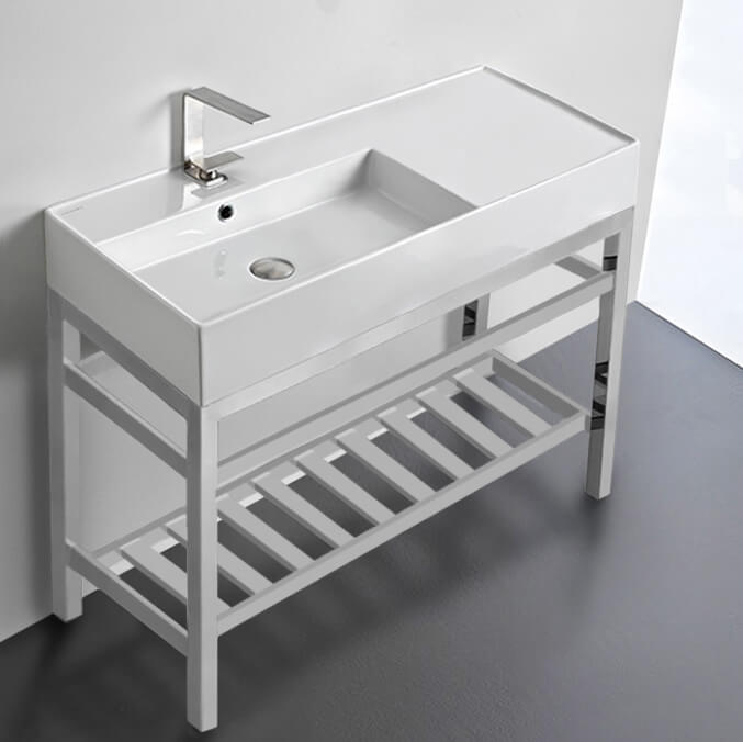Modern Ceramic Console Sink With Counter Space and Chrome Base, 40"