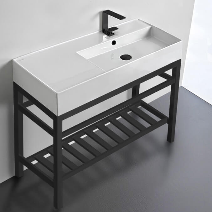 Modern Ceramic Console Sink With Counter Space and Matte Black Base, 40"