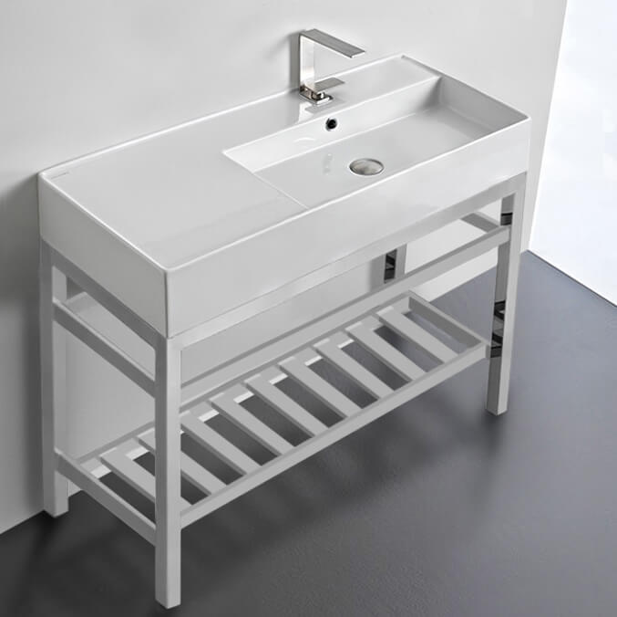 Modern Ceramic Console Sink With Counter Space and Chrome Base, 40"