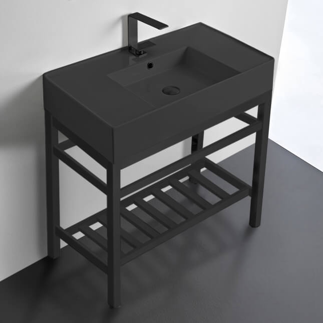 Modern Matte Black Ceramic Console Sink and Matte Black Base, 32"