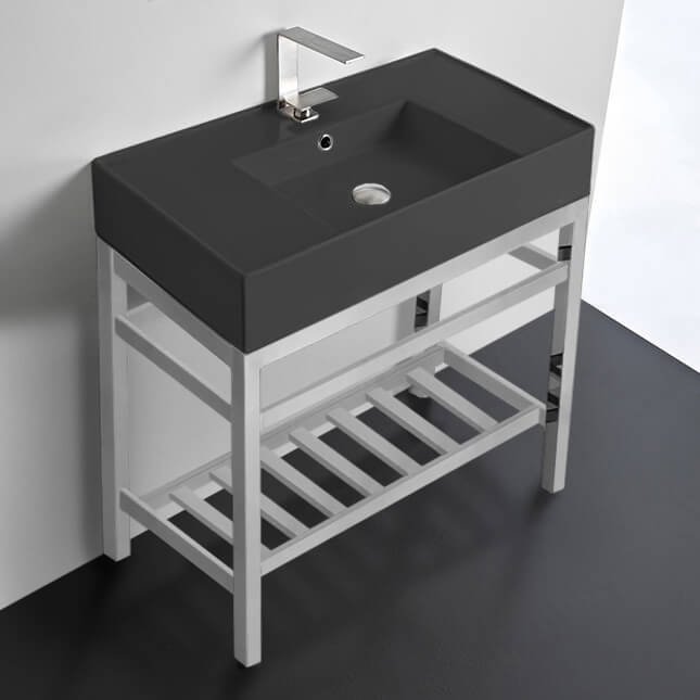 Modern Matte Black Ceramic Console Sink and Polished Chrome Base, 32"
