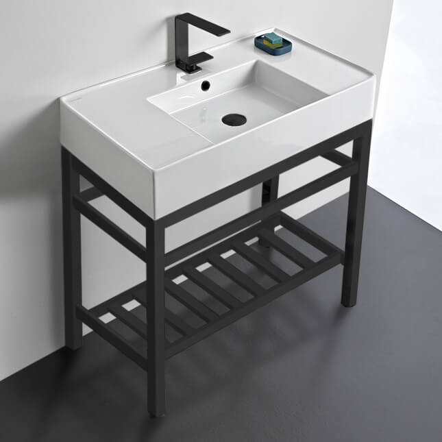 Modern Ceramic Console Sink With Counter Space and Matte Black Base, 32"
