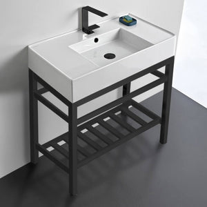 Modern Ceramic Console Sink With Counter Space and Matte Black Base, 32"