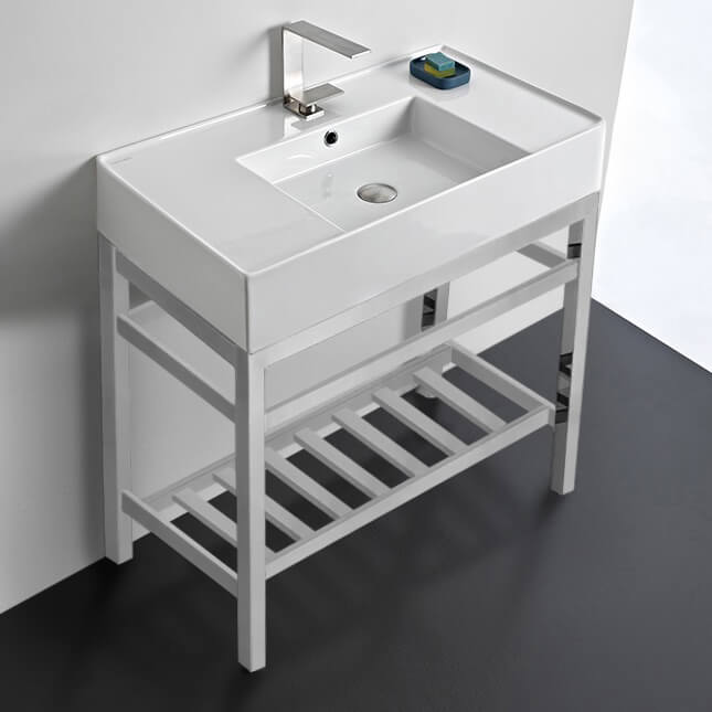 Modern Ceramic Console Sink With Counter Space and Chrome Base, 32"