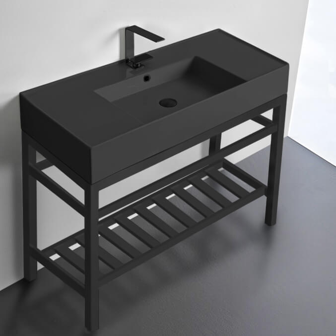 Modern Matte Black Ceramic Console Sink and Matte Black Base, 40"