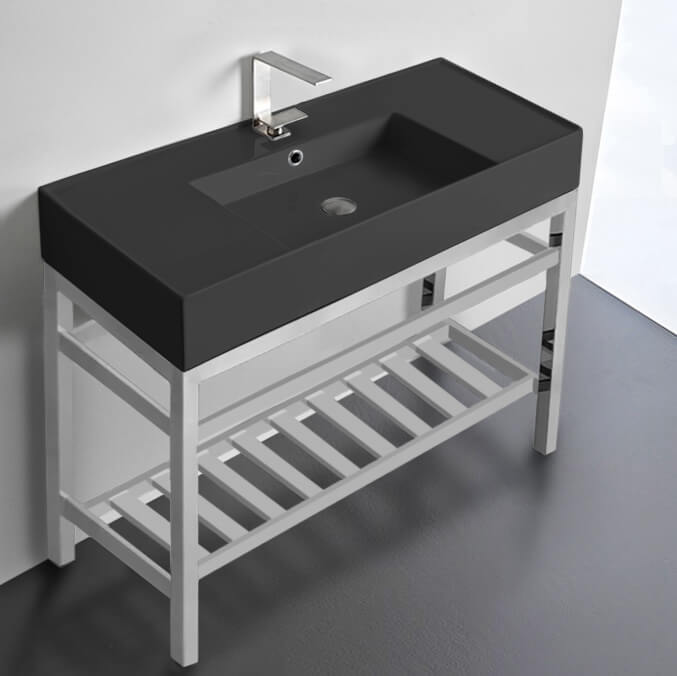 Modern Matte Black Ceramic Console Sink and Polished Chrome Base, 40"