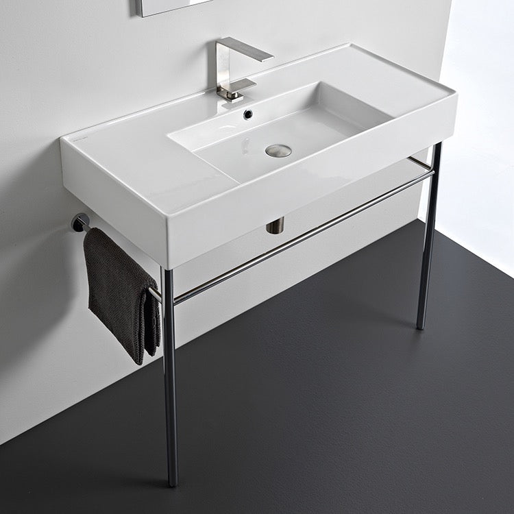 Rectangular Ceramic Console Sink and Polished Chrome Stand, 40"