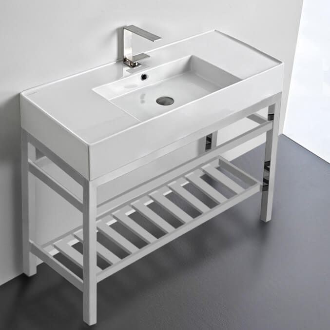 Modern Ceramic Console Sink With Counter Space and Chrome Base, 40"