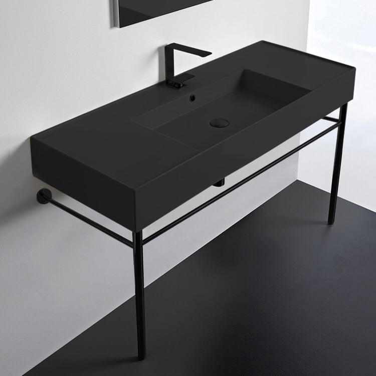 Modern Matte Black Ceramic Console Sink and Matte Black Base, 48"