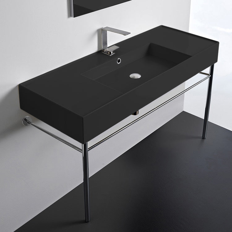 Modern Matte Black Ceramic Console Sink and Polished Chrome Base, 48"