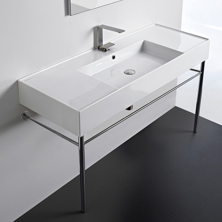 Rectangular Ceramic Console Sink and Polished Chrome Stand, 48"