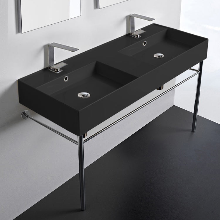 Matte Black Double Ceramic Console Sink and Polished Chrome Base, 48"