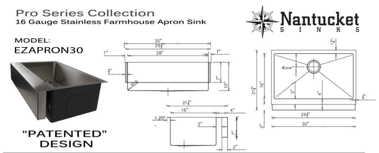 Nantucket Sinks EZApron30 Patented Design Stainless Steel Apron Sink