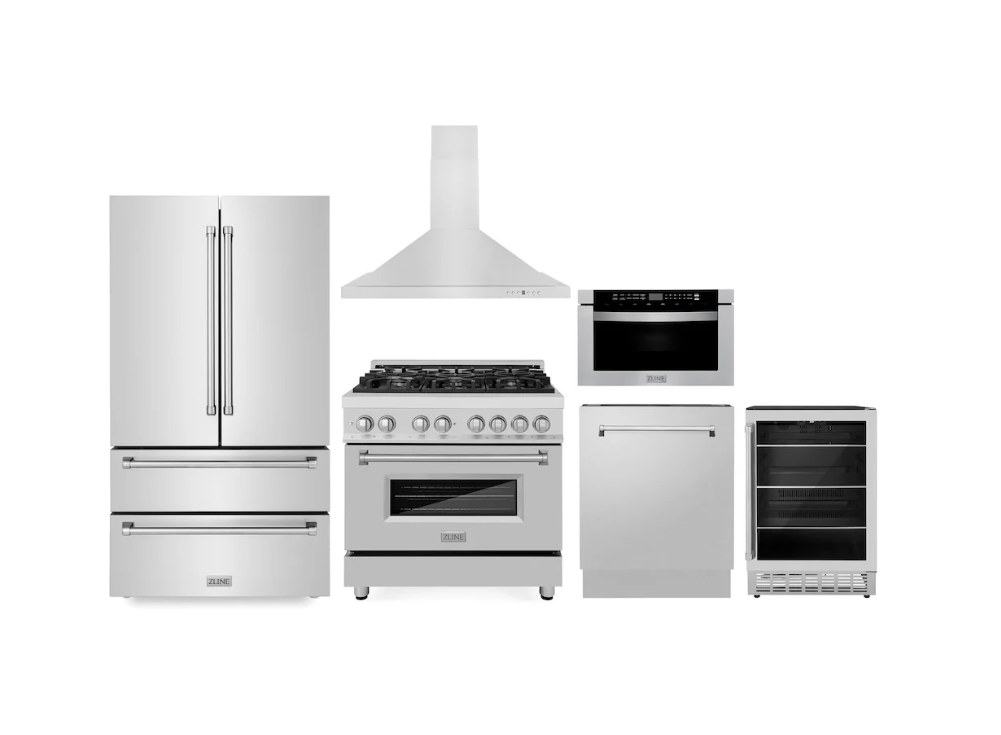 ZLINE Kitchen Package with Refrigeration, 36" Stainless Steel Dual Fuel Range, 36" Range Hood, Microwave Drawer, 24" Tall Tub Dishwasher and Beverage Fridge (6KPR-RARH36-MWDWV-RBV)