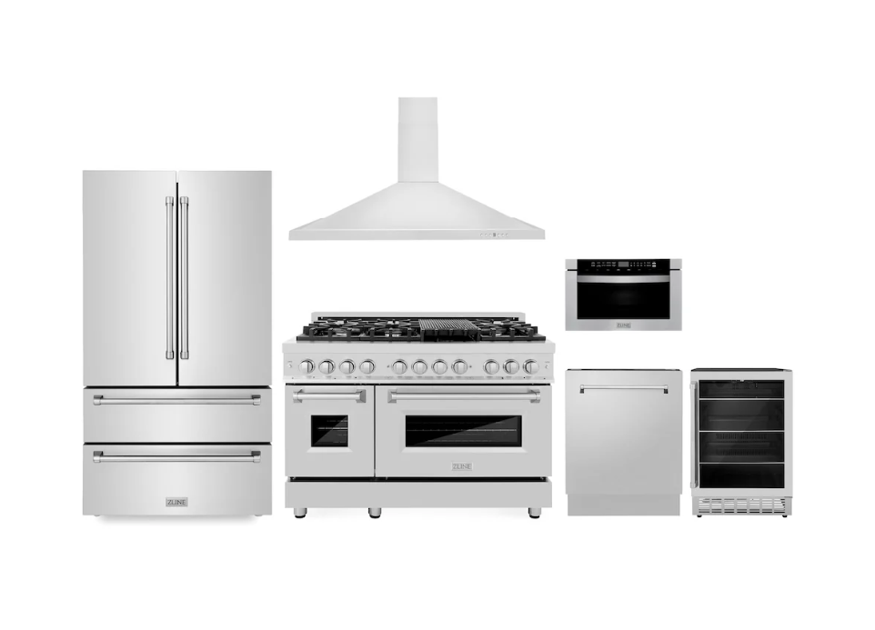 ZLINE Kitchen Package with Refrigeration, 48" Stainless Steel Dual Fuel Range, 48" Range Hood, Microwave Drawer, 24" Tall Tub Dishwasher and Beverage Fridge (6KPR-RARH48-MWDWV-RBV)
