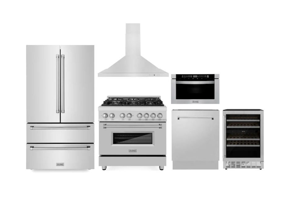 ZLINE Kitchen Package with Refrigeration, 36" Stainless Steel Dual Fuel Range, 36" Range Hood, Microwave Drawer, 24" Tall Tub Dishwasher and Wine Cooler (6KPR-RARH36-MWDWV-RWV)