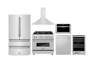 ZLINE Kitchen Package with Refrigeration, 36" Stainless Steel Dual Fuel Range, 36" Range Hood, Microwave Drawer, 24" Tall Tub Dishwasher and Wine Cooler (6KPR-RARH36-MWDWV-RWV)