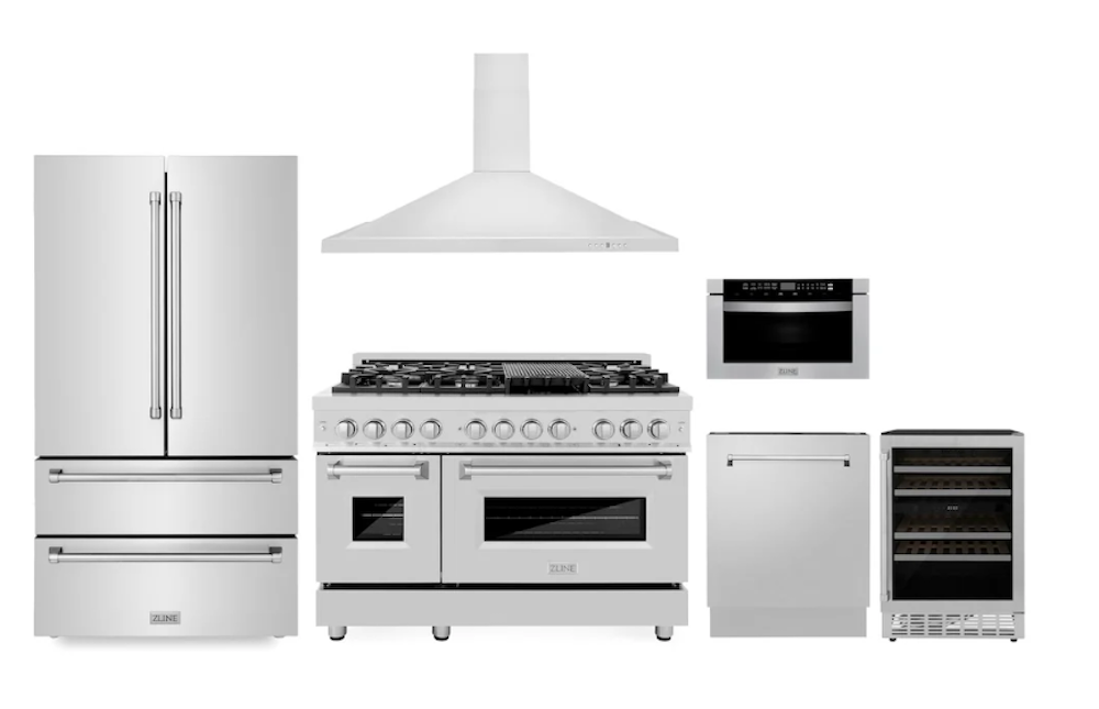 ZLINE Kitchen Package with Refrigeration, 48" Stainless Steel Dual Fuel Range, 48" Range Hood, Microwave Drawer, 24" Tall Tub Dishwasher and Wine Cooler (6KPR-RARH48-MWDWV-RWV)