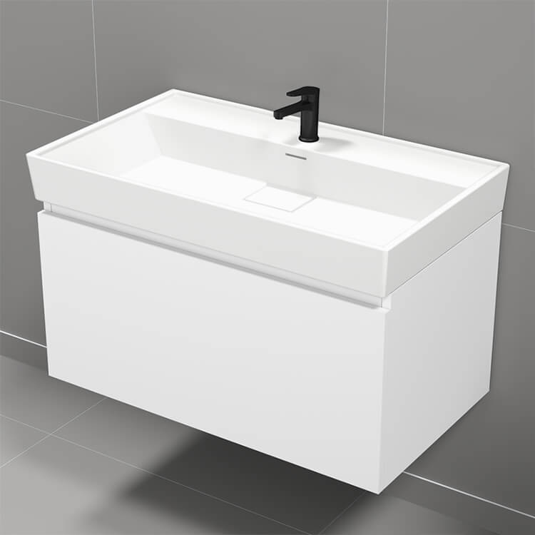 32" Bathroom Vanity, Modern, Wall Mounted, Glossy White