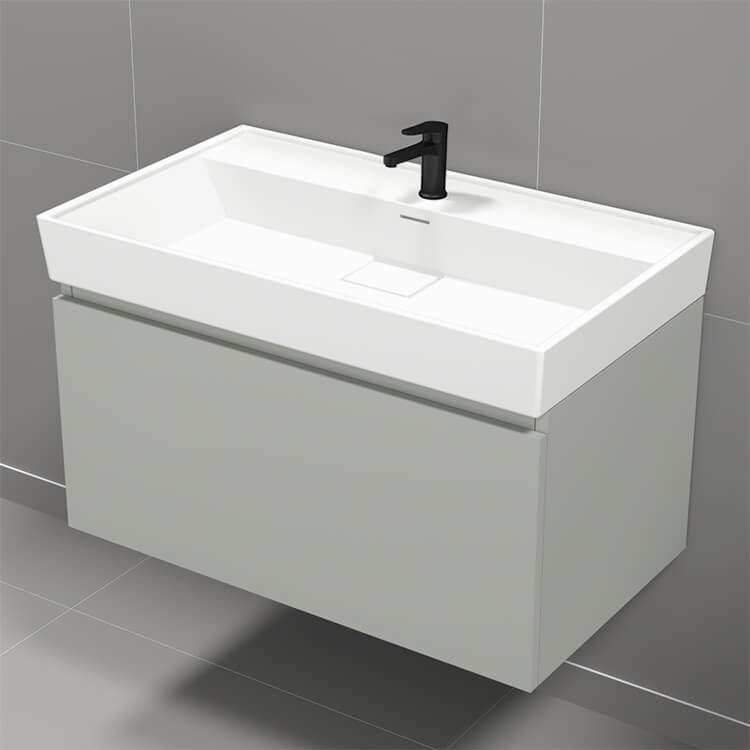 Modern Bathroom Vanity, Wall Mount, 32", Grey Mist