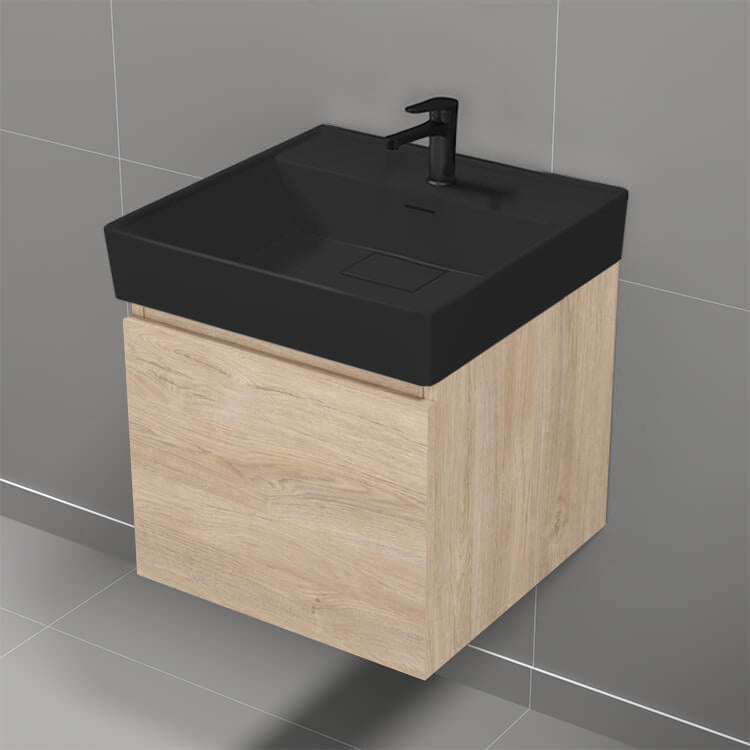 Small Bathroom Vanity With Black Sink, Modern, Wall Mounted, 18", Brown Oak