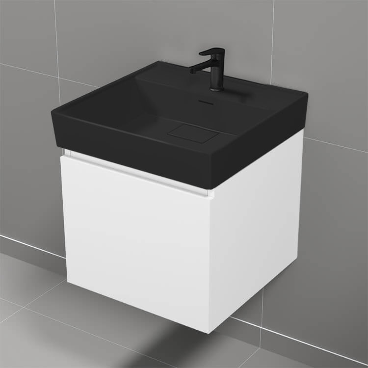 Small Bathroom Vanity With Black Sink, Wall Mounted, Modern, 18", Glossy White