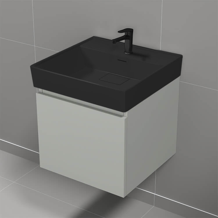 Small Bathroom Vanity With Black Sink, Modern, Wall Mount, 18", Grey Mist