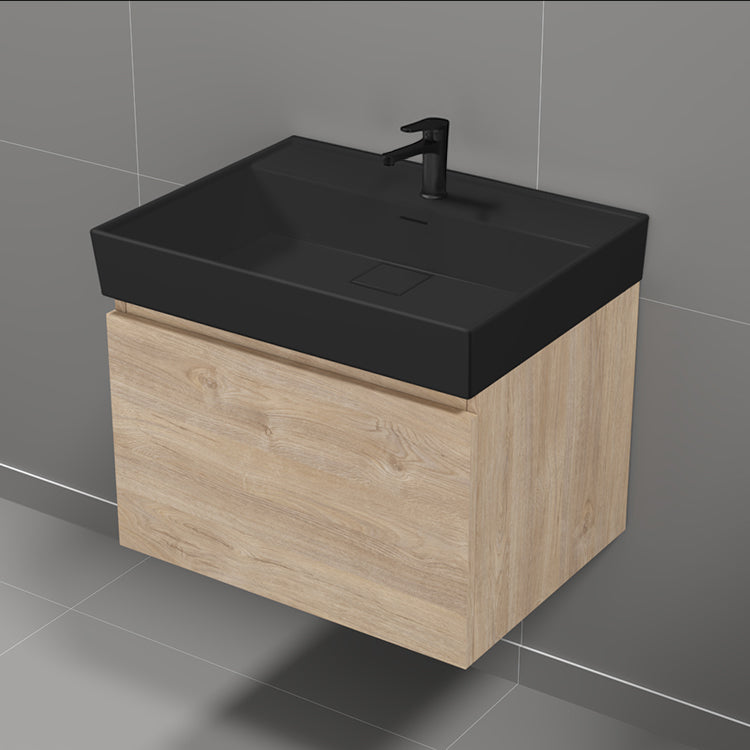 24" Bathroom Vanity, Black Sink, Wall Mounted, Brown Oak